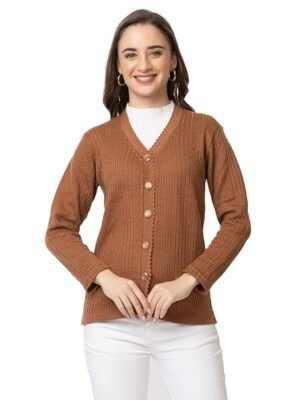 Women's Warm Woolen Cardigan - Stylish Full Sleeve Knitwear(Brown)