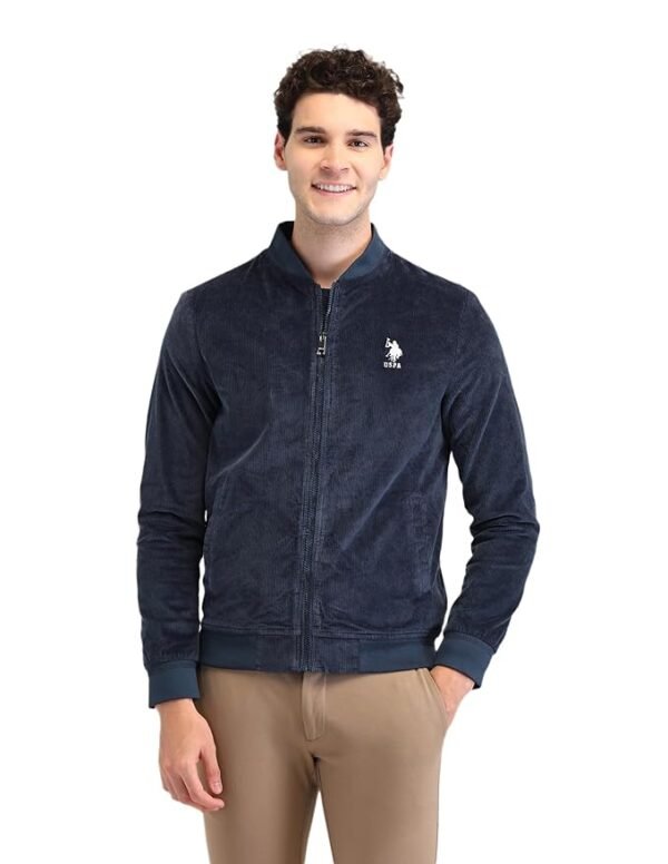 Men's Blue Textured Mock Collar Long Sleeve Casual Polyester Regular Fit Jacket
