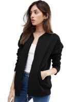 Women's Standard Length Casual Jacket For Loose Fit Drop Shoulder Loop knit  Bomber Jacket With Zipper Closure And Side Pockets( Black)