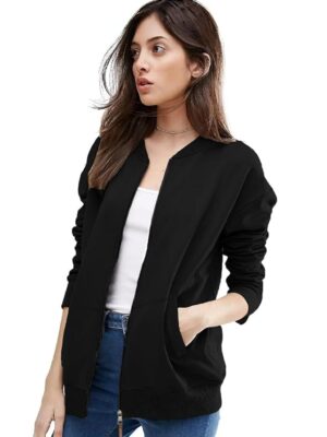 Women's Standard Length Casual Jacket For Loose Fit Drop Shoulder Loop knit  Bomber Jacket With Zipper Closure And Side Pockets( Black)