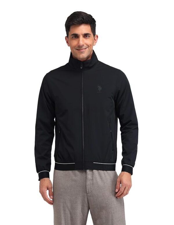 Men's Black Color-Block High neck Long Sleeve Casual Polyester Regular Fit Jacket