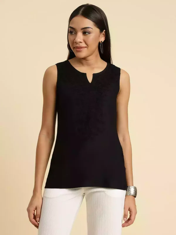 Black Self-Embroidered Sleeveless Short Kurti