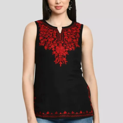 Black Kashmiri Sleeveless Short Kurti