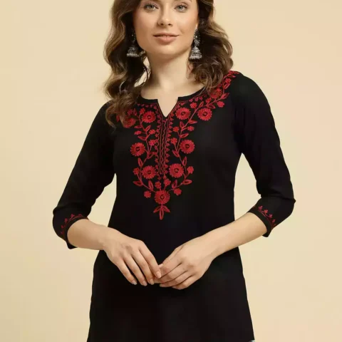 Black Kashmiri Silk Work Short Kurti