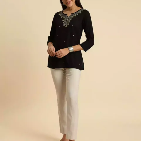 Black Pashmina Work Short Kurti