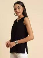 Black Self-Embroidered Sleeveless Short Kurti